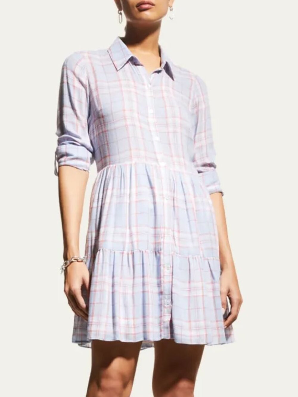 Veronica Beard Jemila Plaid Tiered Linen Blend Shirt Dress